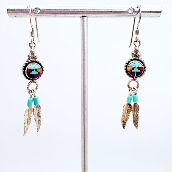 Sterling Silver 925 Zuni Turquoise Coral Inlay Feather Dangle Earrings 2" Length - Picture 1 of 8
